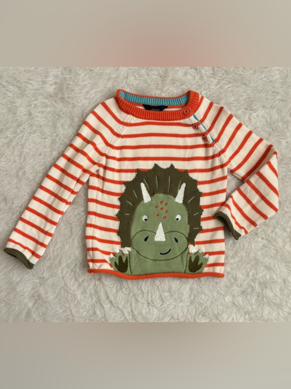 Joules Cream & Orange Knit Striped Sweater with Green Dinosaur Applique